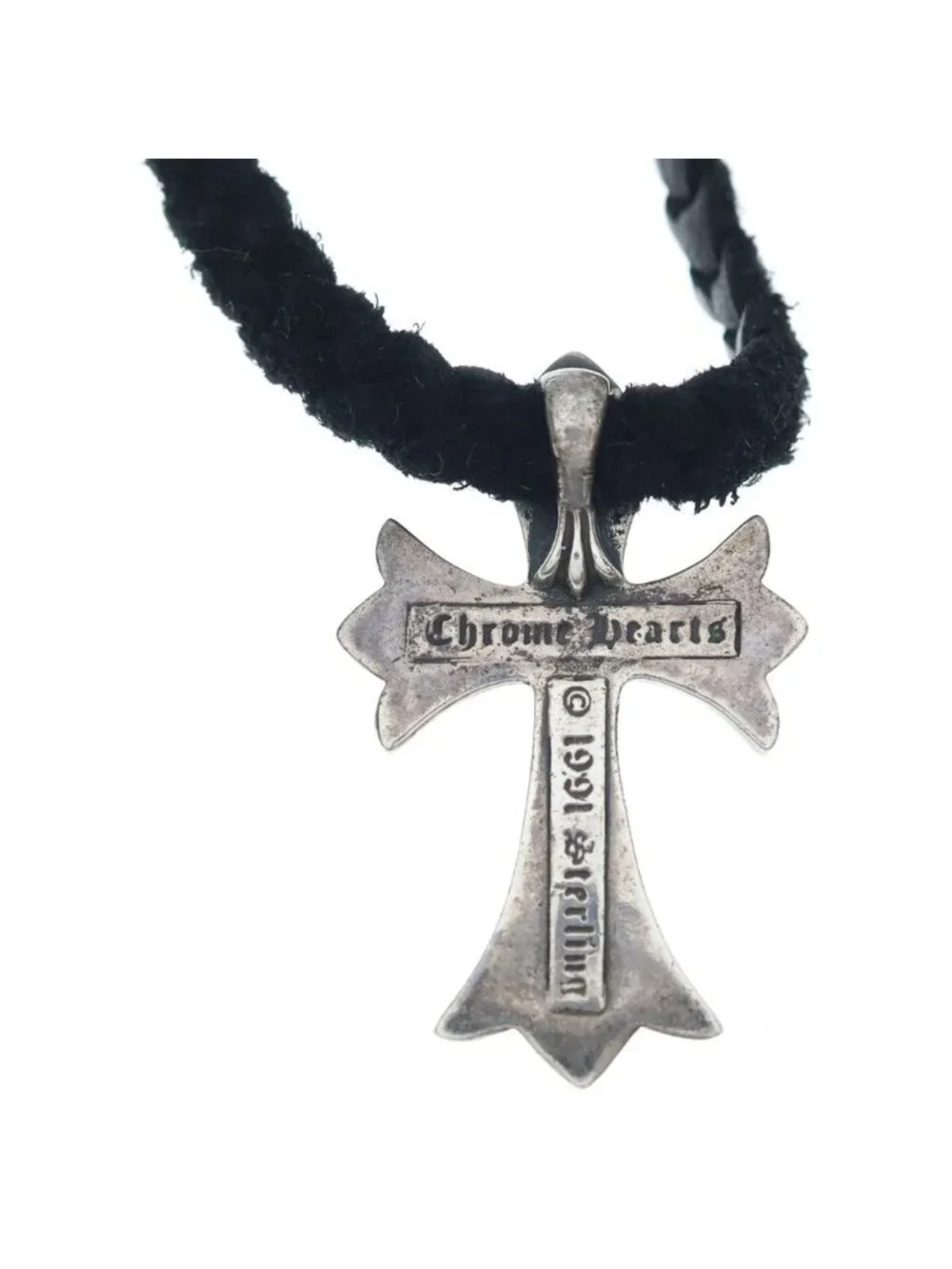 Chrome Hearts CH Crs Sml CL Small CH Cross Leather Braid Necklace Silver Black